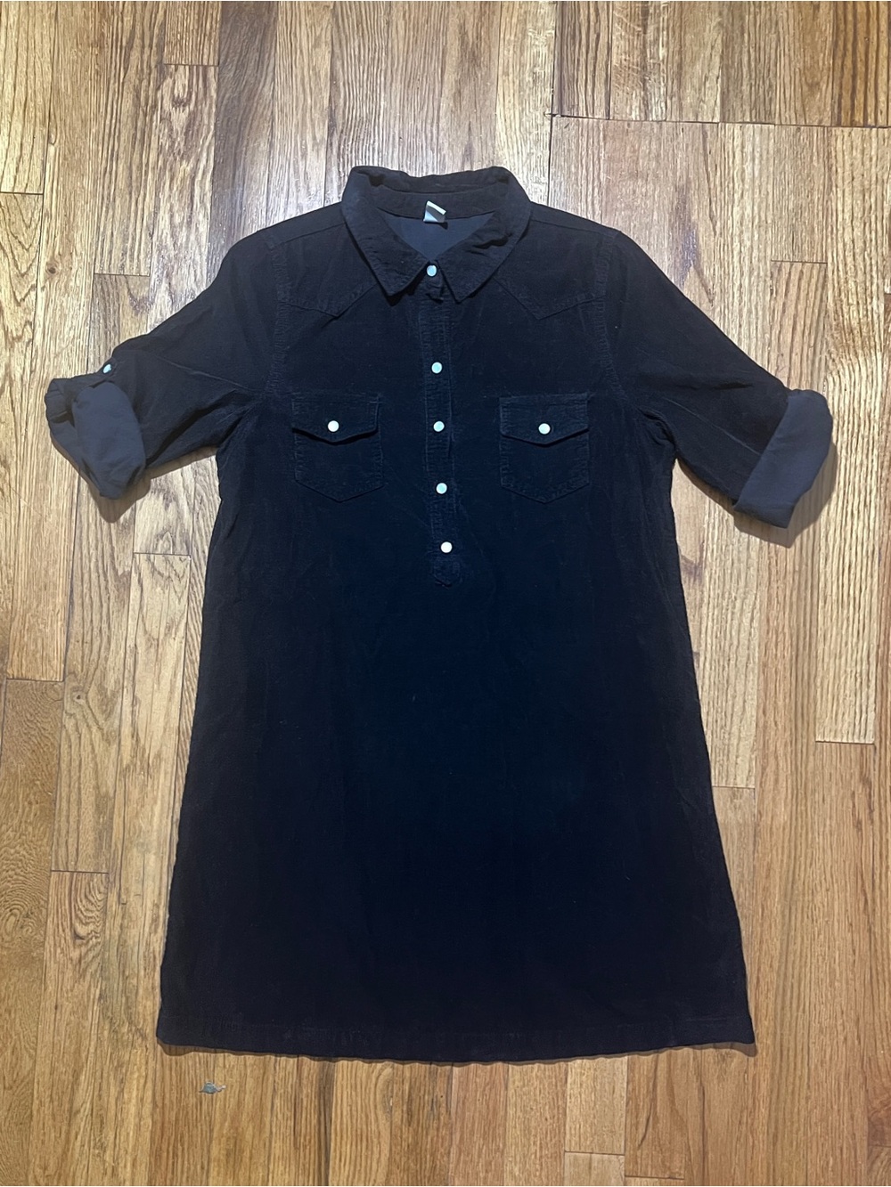 Old Navy Retro Y2K Corduroy Denim Shirt Dress Black Western Pearl Snap Cowgirl